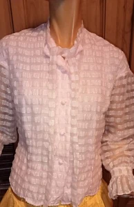 Lovely Vintage 70s Pink Ribboned Organza Blouse By Sybille Claymar Size 12 - Picture 1 of 11