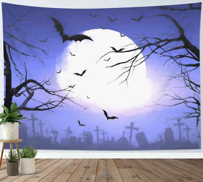 Halloween Night Cemetery Moon Bat Tapestry Wall Hanging For Living Room Bedroom - Image 1 of 4