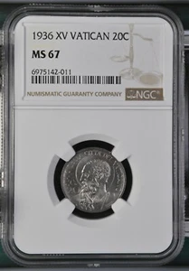 1936 XV Vatican 20 Centesimi KM 3 Pius XI St. Paul - NGC MS 67 - Picture 1 of 2