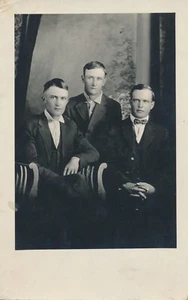 Vintage RPPC Real Photo Postcard Group Three Handsome Men Informal Collar Bowtie - Picture 1 of 6
