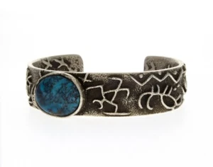 Natural Kingman Turquoise Petroglyph Bracelet By Navajo Artist Philander Begay - Picture 1 of 4