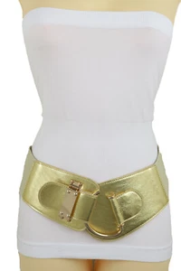 Mujer Elástico Ancho Dorado Color Cinturón Metal Hebilla Fin Fiesta Fit Size S M - Imagen 1 de 12