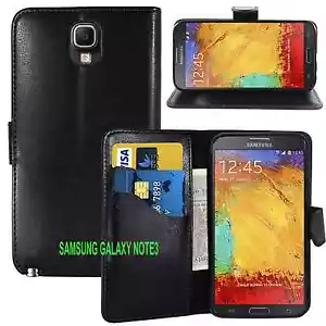 BLACK Wallet Leather Pouch Case Cover For Samsung Galaxy NOTE 3 N9000 N9005 UK - Picture 1 of 4