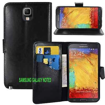 BLACK Wallet Leather Pouch Case Cover For Samsung Galaxy NOTE 3 N9000 N9005 UK - Image 1 of 4