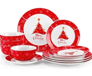VEWEET 12 PCS Christmas Dinnerware Set Porcelain Bowl & Plate Set Xmas Tableware - Picture 1 of 3