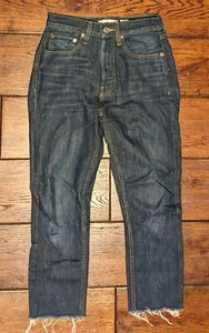 Pantalones de mezclilla para mujer RE/DONE originales tiro alto rígidos dobladillo crudo lavado oscuro talla 25x24 - Imagen 1 de 12