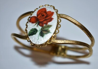 PULSERA BRAZALETE METAL ESMALTADO ROSA OVALADO Y DORADO * AJUSTE ACCIÓN PRIMAVERA Foto 1 de 2