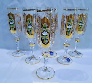 Czech Bohemian Crystal Glass Handmade - Champagne - 6 pcs with gold and enamel - Picture 1 of 5