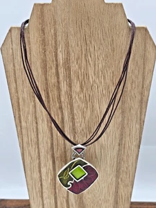 Chico’s braune Kordel Halskette Emaille Anhänger rote Blume grünes Blatt Mondstein 16" - Bild 1 von 9