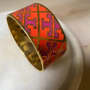 Tory Burch Colorful Enameled Pink Orange T Pattern Chunky Bangle Logo Bracelet - Picture 1 of 10