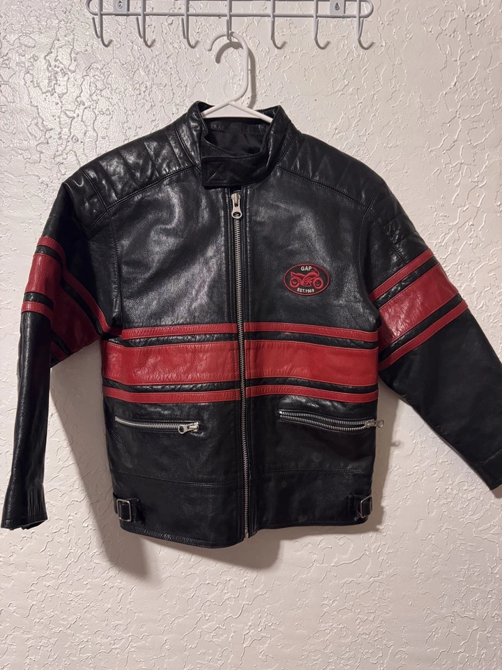 Vintage Gap Motorcycle Moto Leather Jacket Black Sz Youth Kids M (8) 2001 Rare - Image 1 of 4