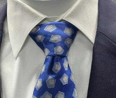 "Corbata Turnbull & Asser 100 % seda azul geométrica Londres Inglaterra hecha a mano 3,5""" Foto 1 de 4