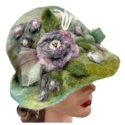 De Colección Años 90 Fieltro a Mano Lana Cloche Sombrero Verde Floral Estilo Años 20 Disfraz L Foto 1 de 4