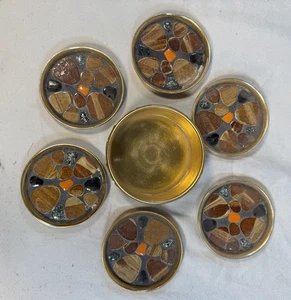 Vintage Midcentury MCM Coaster Set Holder River Rocks Metal  70s Bar ware - Picture 1 of 9
