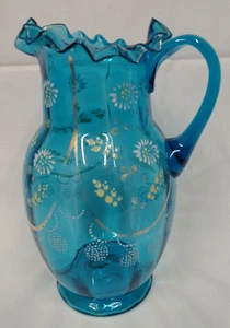 Viktorianischer EMAILLIERTER BLUMEN Pusteblumen blau mundgeblasen Kunstglas gekräuselt WASSERKRUG - Bild 1 von 5