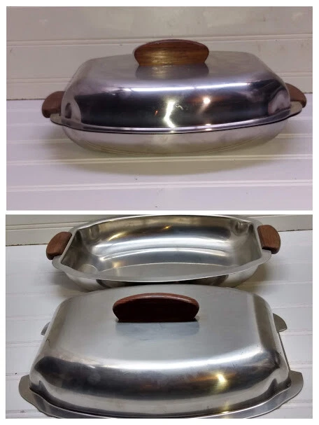 Denmark Danish Stainless Steel Covered Bowl Serving Dish Tray Teak Handle 8x7x1 - Image 1 of 4