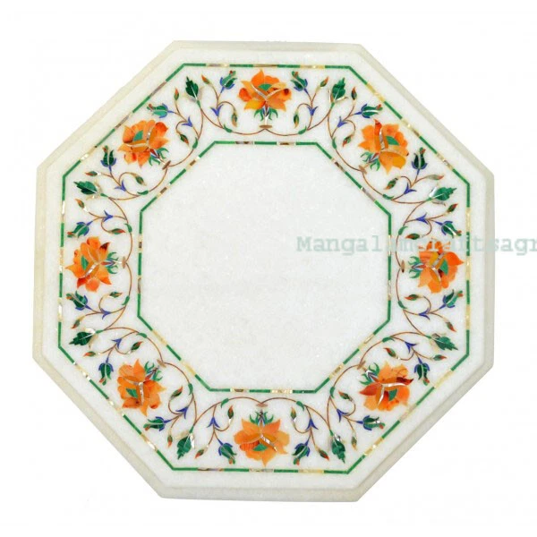 12" Marble Side End Table Top semi precious stones Floral inlay Handmade Decor - Image 1 of 1