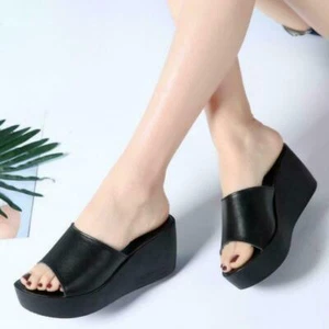 Womens Mules Sandals Platform Slides pu Leather Slipper Wedge Heel casual Shoes - Picture 1 of 14