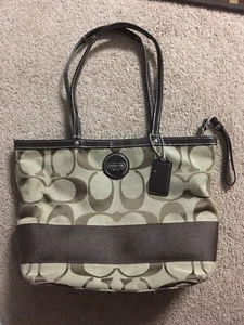 Coach F17433 Signature Stripe Brown Tote Shoulder Handbag - Picture 1 of 5