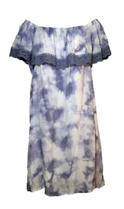 Indigo Rose 2X Tie Dye Dress Blue Gauzy On Off Shoulder Crochet Lace Boho B43" - Picture 1 of 9