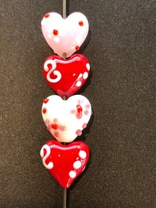 Beads 4 Art Glass Hearts with Dots Hand Made Lamp Work for Jewelry Making - Picture 1 of 11