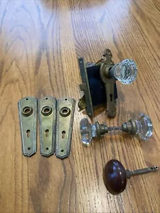 Antique Corbin Russwin Door Lock Glass Knobs, Brass Backplates LOT REDUCED - Picture 1 of 24