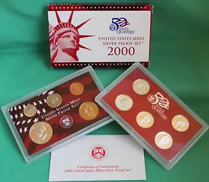 2000 SILVER Proof Set United States Mint ANNUAL 10 Coin with State 25c Box + COA - Picture 1 of 7