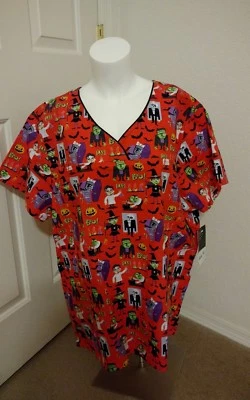 Scrubstar Halloween Orange/Black Womens 2X/2XG Nursing Scrub V-Neck Top New! - Image 1 of 4