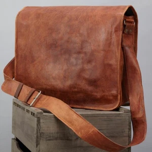 18" Men's Real Leather Vintage Laptop Messenger Handmade Briefcase Bag Satchel - Picture 1 of 8