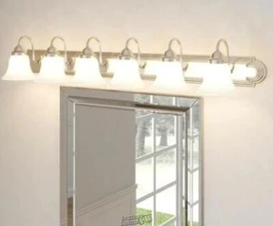 Volume Lighting-6-Light Brushed Nickel Bath Light Bell-Shaped Alabaster Glass - Picture 1 of 5