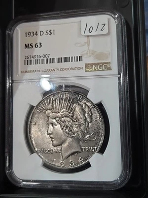 Dólar de la Paz 1934-D S$1 NGC MS63 Foto 1 de 2