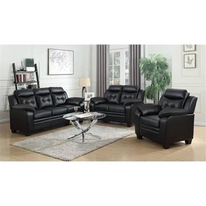 Coaster Finley 3-Piece Tufted Upholstered Faux Leather Sofa Set in Black - Picture 1 of 5