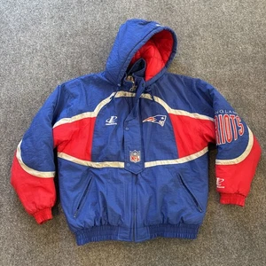 Vintage 90s Logo Athletic Pro Line New England Patriots Puff Jacket Hooded Coat L - Bild 1 von 9
