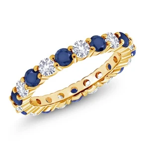 1.30 Ct Round Blue Sapphire 18K Yellow Gold Plated Silver Eternity Band - Picture 1 of 6