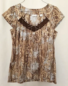Liz Claiborne Brn/Wht/Blu Blouse Cap Sleeve Angel Top Lace & Tie Accent Wmns M - Picture 1 of 5