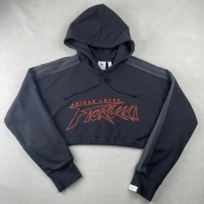 Adidas x Fiorucci Sweatshirt Women S Black Cropped Hoodie Trefoil Logo 3 Stripes - Image 1 of 4