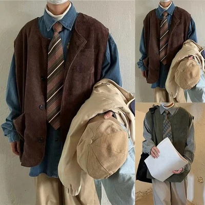 Men Corduroy Vest For Casual Occasions Solid Color Open Collar Regular Length - Image 1 of 4