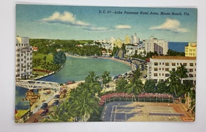 Postcard Lake Pancoast Hotel Miami Beach Tennis Courts Linen Florida FL H364 - Imagen 1 de 2