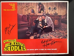 BLAZING SADDLES LOBBY CARD SIGNED BY MEL BROOKS CLEAVON LITTLE AND HARVEY KORMAN