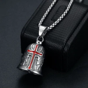 Cross Wing Motorcycle Riding Lucky Bell Pendant Necklace Stainless Steel Men - Picture 1 of 13