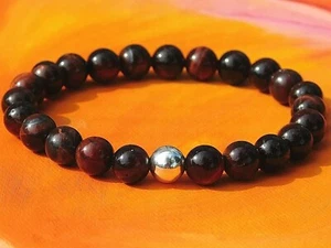 Pulsera hecha a mano con piedras preciosas y cuentas de plata de 8 mm para hombre/dama - ojo de tigre rojo - Imagen 1 de 3