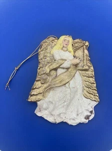 Vintage Angelo Ornamento Vecchio Mondo Pasto Piatto Argilla C.H. Arpa dorata USA dipinta a mano - Foto 1 di 7