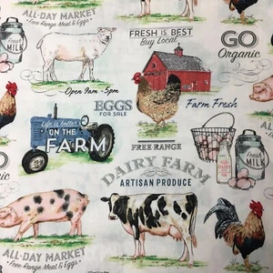 1/2 M Dairy Farm Cow Egg Milk Barn Sewing Quilting Nursery Cotton Calico Fabric - Picture 1 of 8