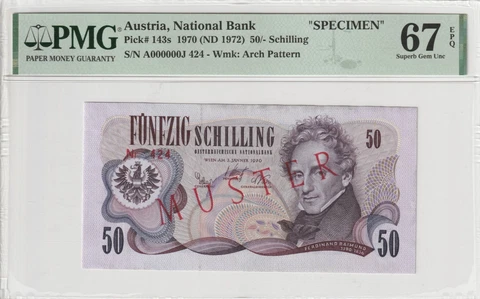 Austria 1970 50 Schilling SPECIMEN PMG 67 EPQ Pick 143s Cover