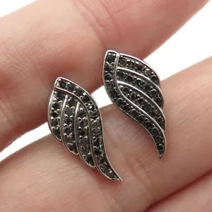 925 Sterling Silver Real Round-Cut Black Diamond Angel Wing Earrings - Picture 1 of 7