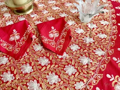 Round AGHABANI Embroidered TABLECLOTH Gold Silk on Red 78” Diameter Approx - Image 1 of 4