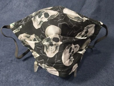 Face Mask Skull Stripes Black Green Handmade Reversible  - Image 1 of 4