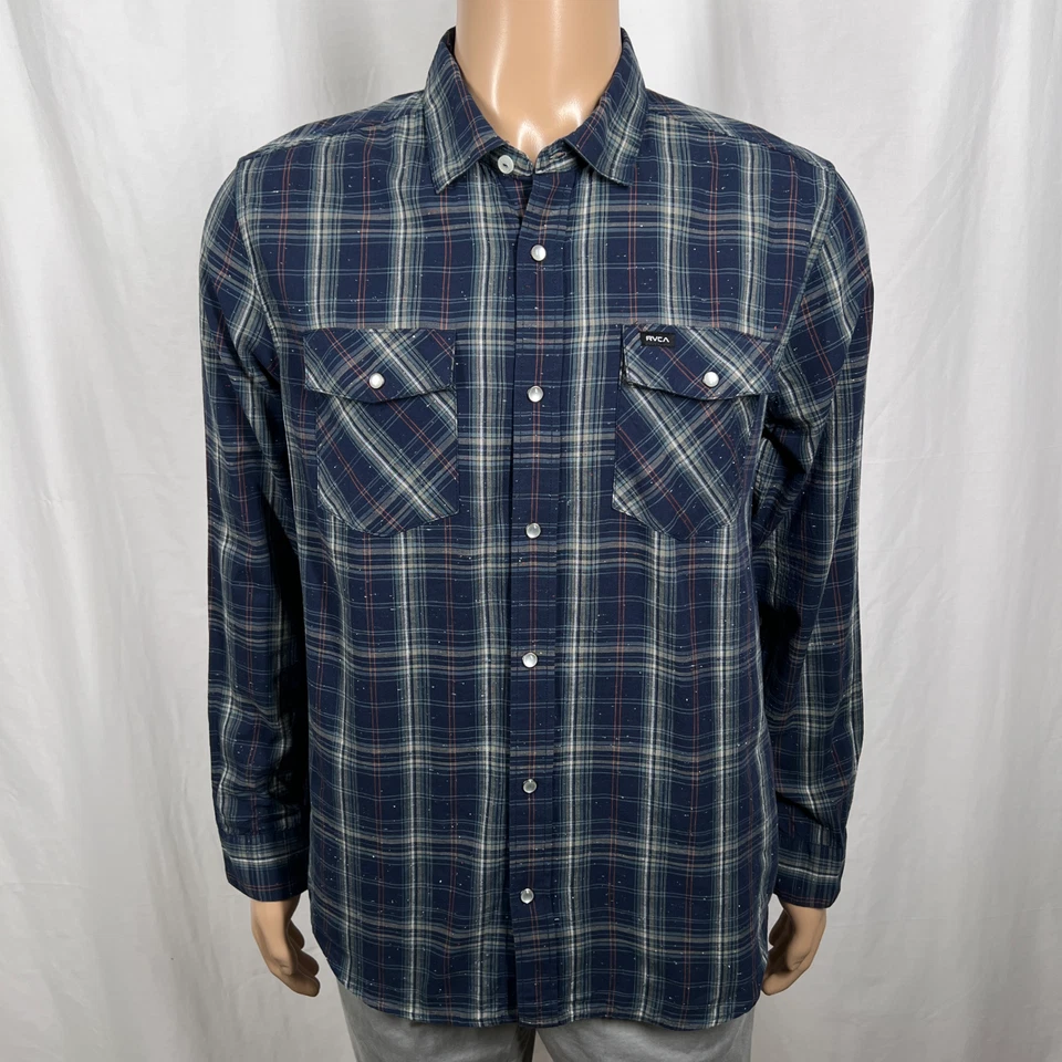 RVCA Mens Medium Navy Blue Nep Fabric Plaid Long Sleeve Western Snap Front Shirt - Image 1 of 4