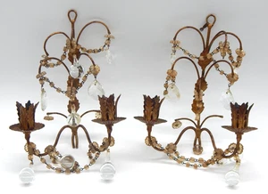 Par de bollos italianos dorados de 11" vintage con prismas colgantes hechos en Italia HERMOSOS - Imagen 1 de 14