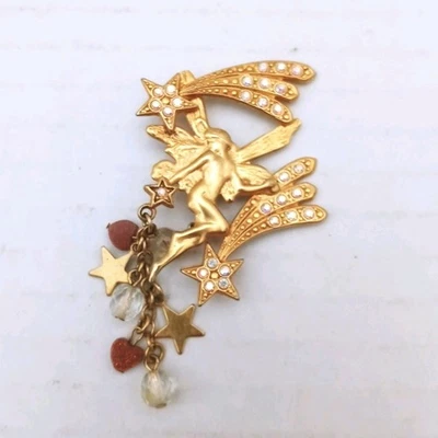 Kirks Folly Fairy Brooch Shooting Stars Celestial Rhinestone Gold Tone Dangle - Image 1 of 4